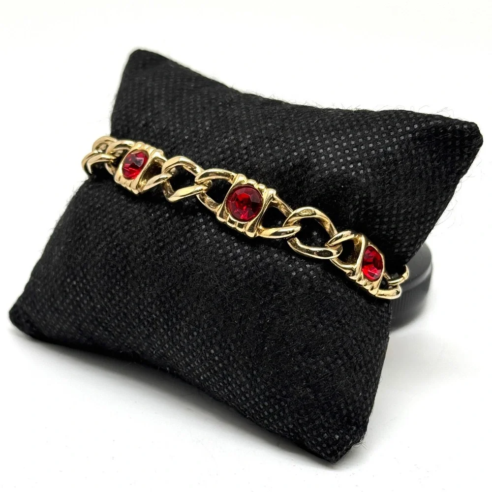 Vintage Goldtone Link Bracelet with Red Rhinestones